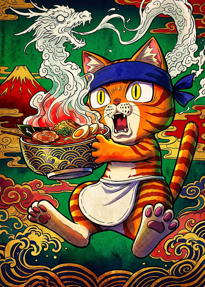 Anime Cat Chef Eating Ramen