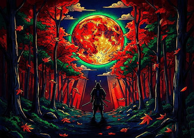 Samurai Standing Under Blood Moon