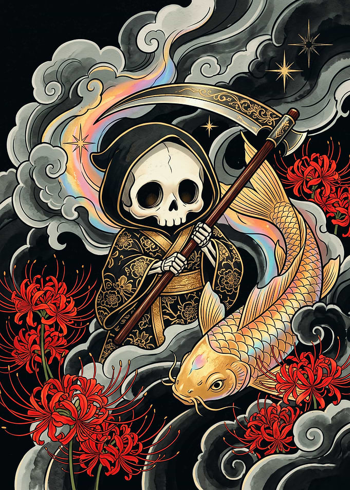 Chibi Grim Reaper with Koi Fish