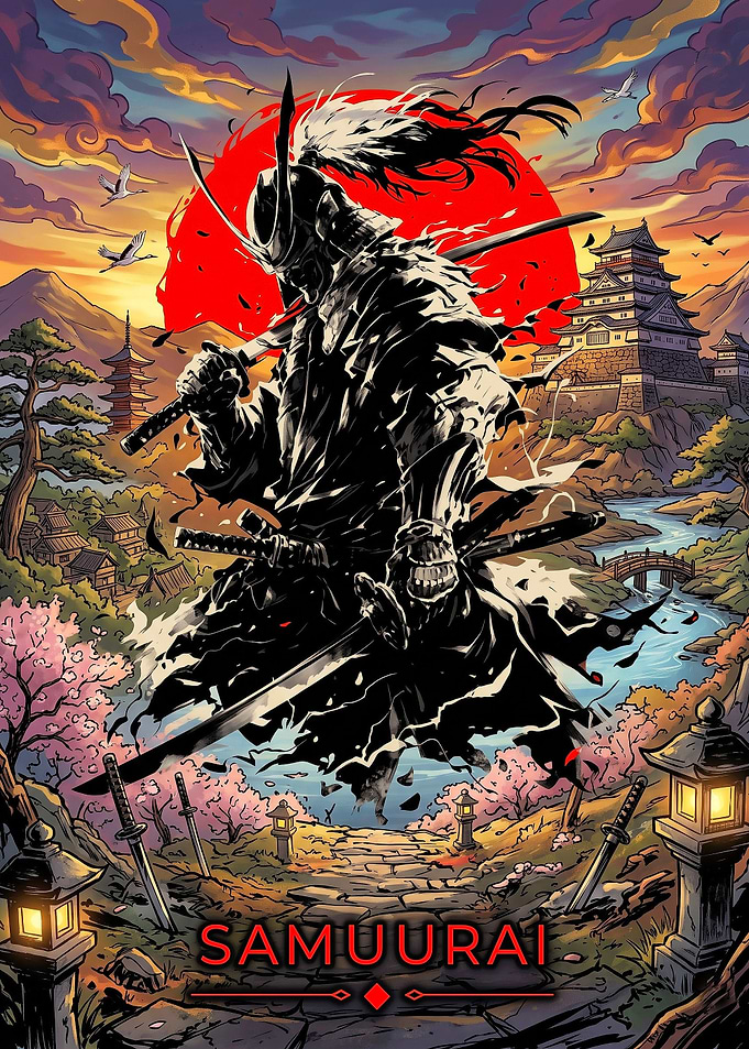 Samurai Warrior with Japanese Castle Background