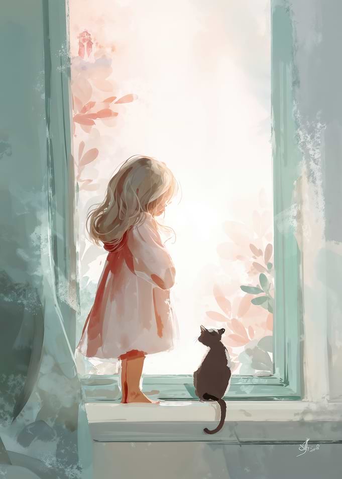 Little Girl And Cat On Sunny Windowsill