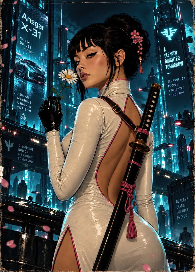 Cyberpunk Woman with Katana and Daisy