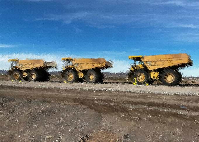 Three Yellow Mining Dump Trucks