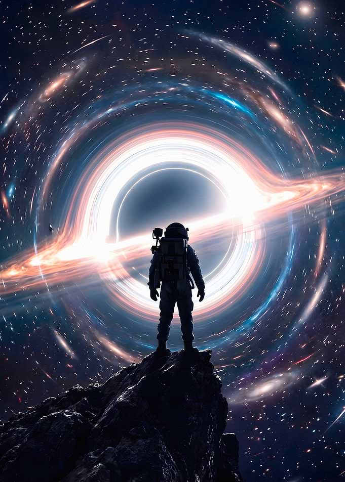 Astronaut Standing Before a Black Hole