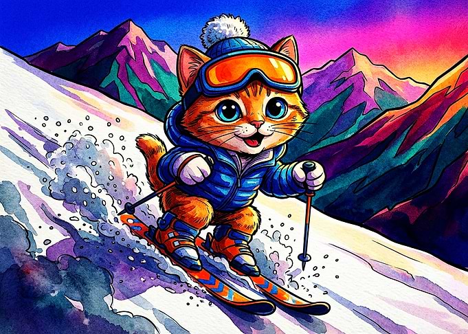 Cute Cat Skiing in Mountains