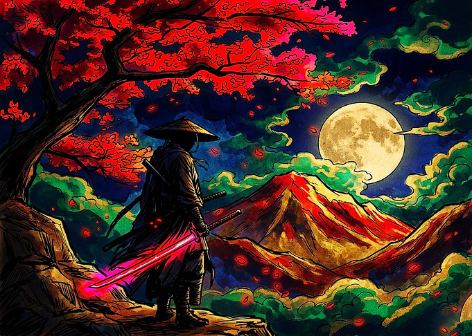 Samurai with Glowing Blade Under Moon