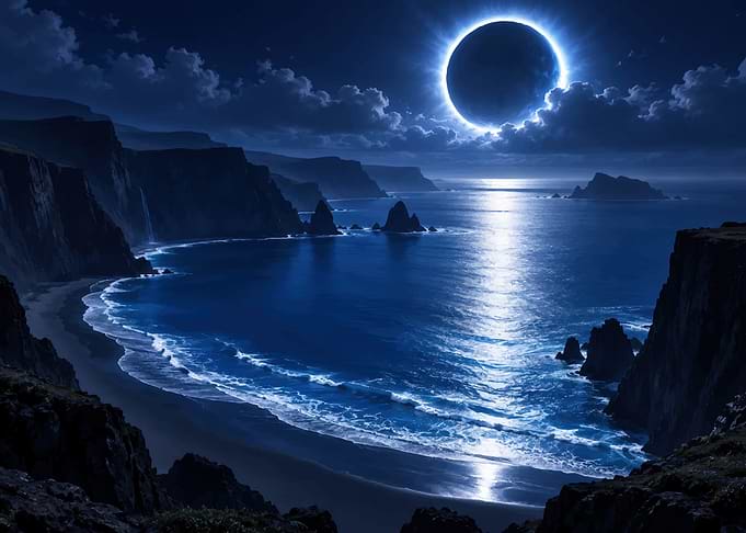 Ethereal Solar Eclipse Over Coastal Cliffs
