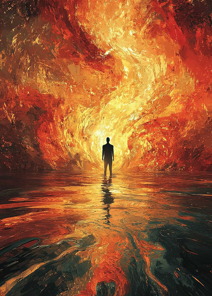 Silhouette Standing Before Fiery Abyss