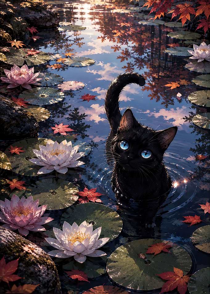 Black Cat in Lotus Pond