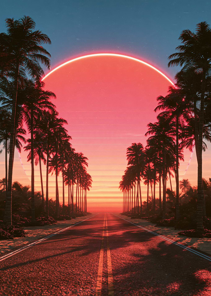 Synthwave Palm Tree Road Sunset