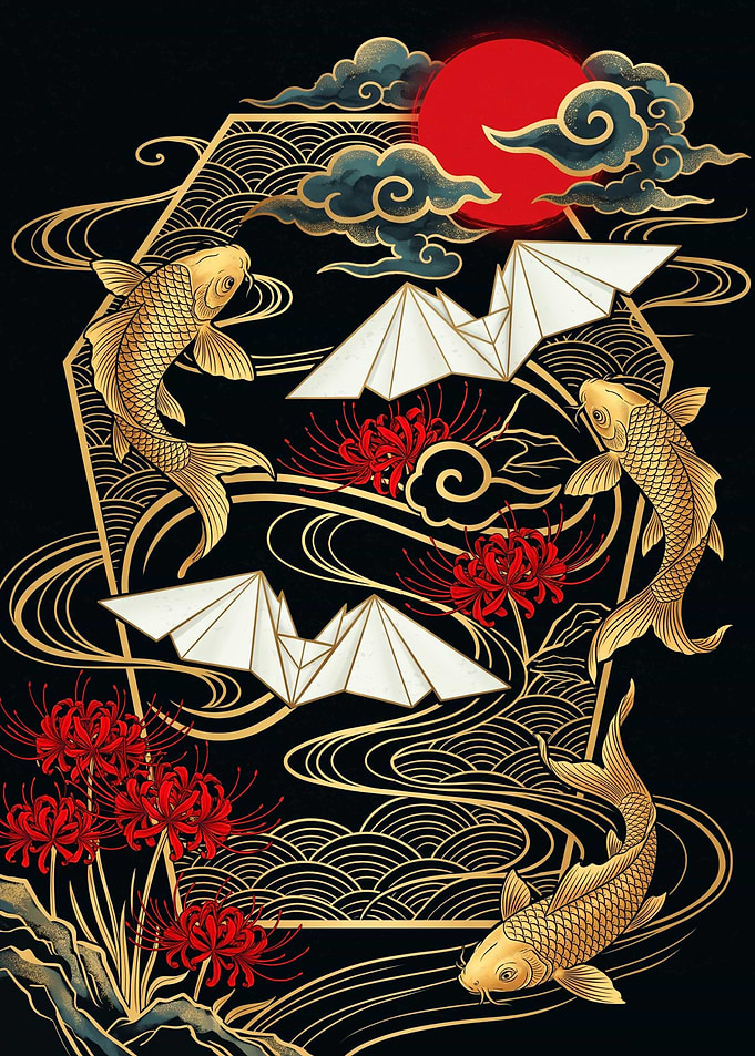Japanese Koi and Origami Bat Art