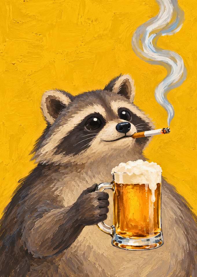 Raccoon Drinking Beer Smoking Cigarette Yellow Background