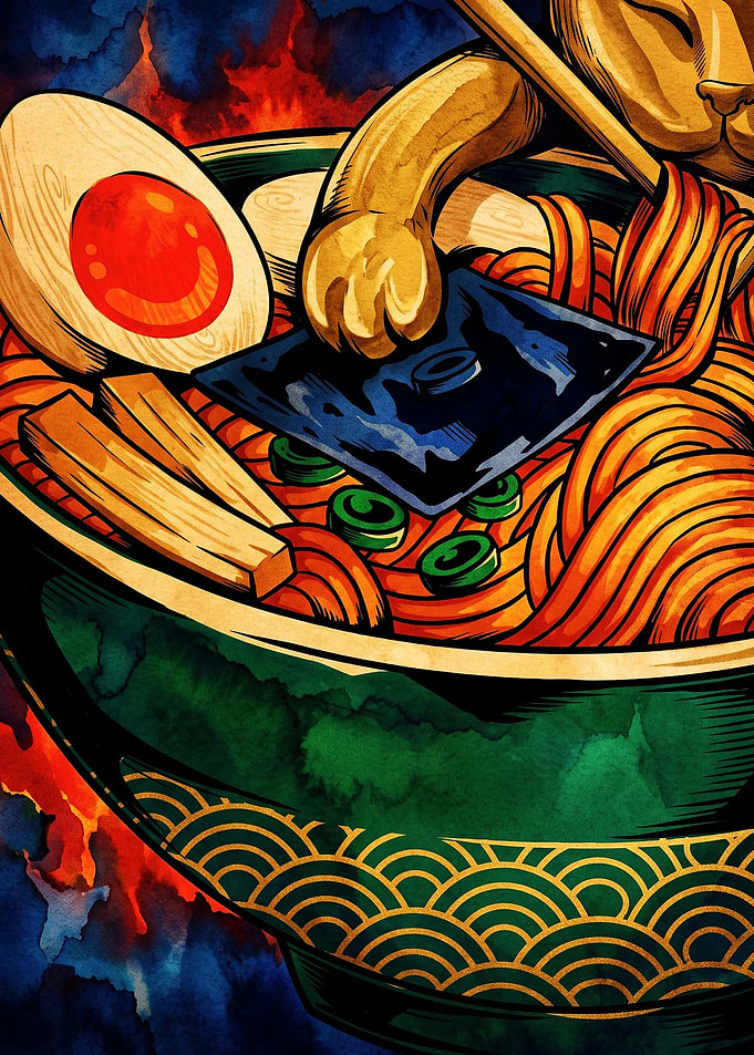 Lucky Cat Eating Spicy Ramen