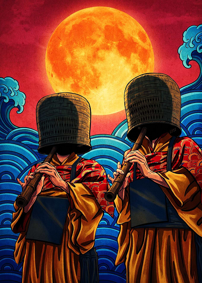 Komuso Monks Playing Shakuhachi Flutes