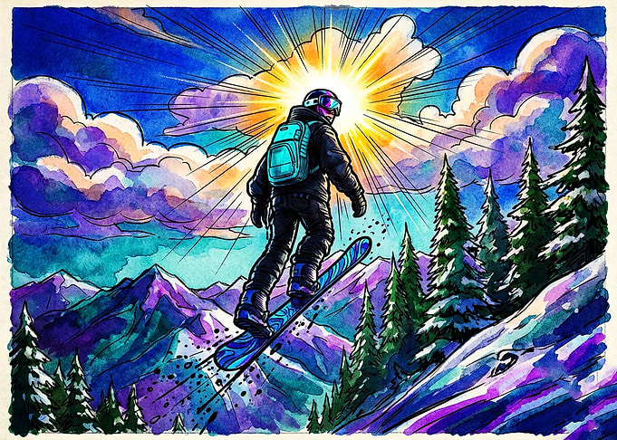 Vibrant Watercolor Snowboarder in Mountains