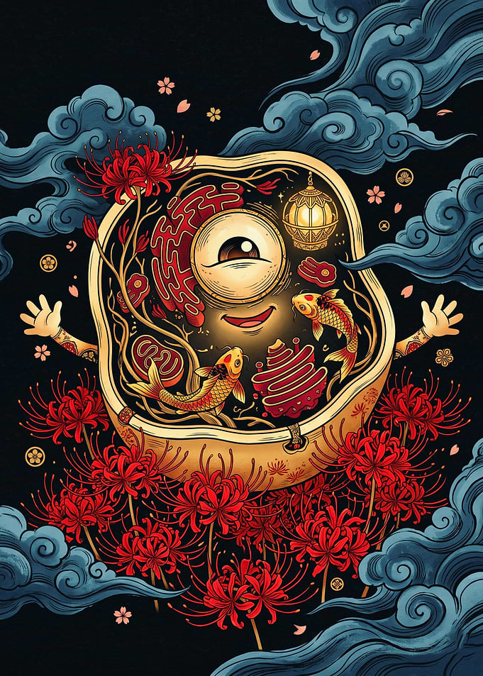 Cyclops Cell with Koi and Flowers