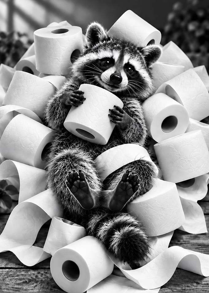 Raccoon Surrounded by Toilet Paper