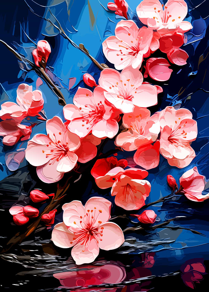 Pink Cherry Blossoms on Blue Background