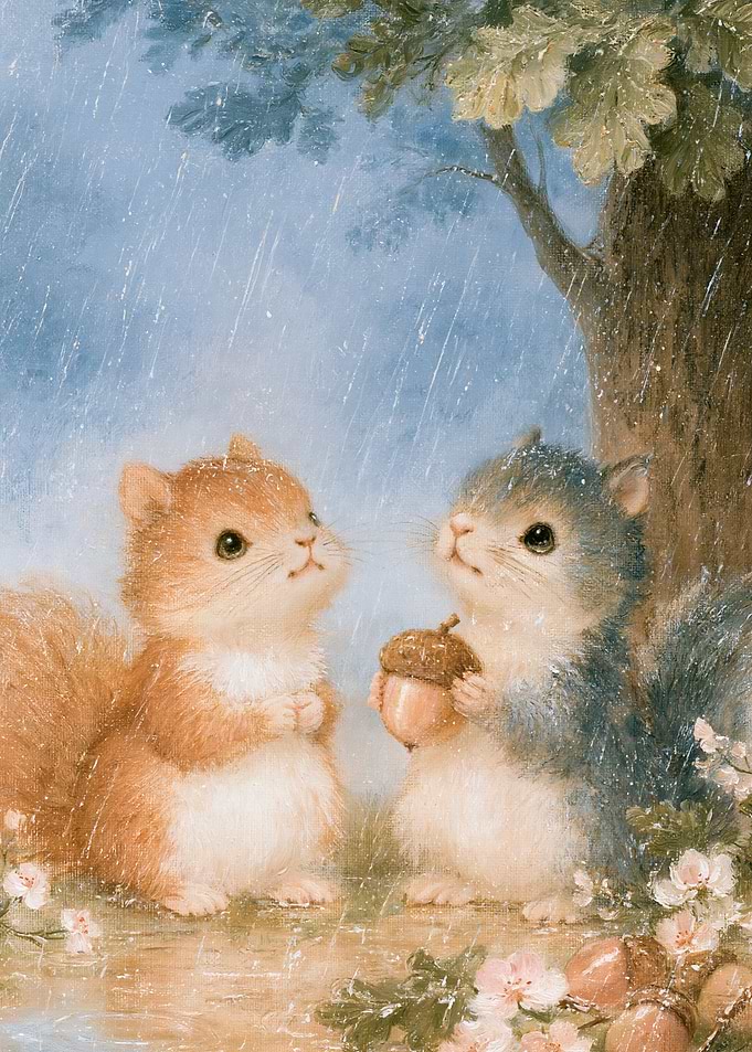 Two Cute Squirrels in the Rain