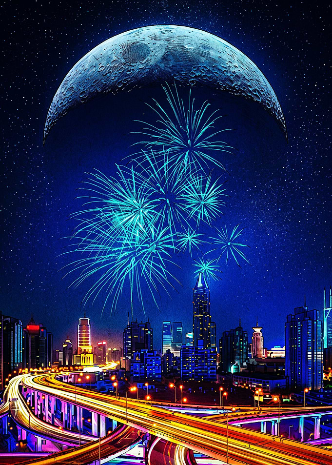 Cityscape Fireworks Under Giant Moon