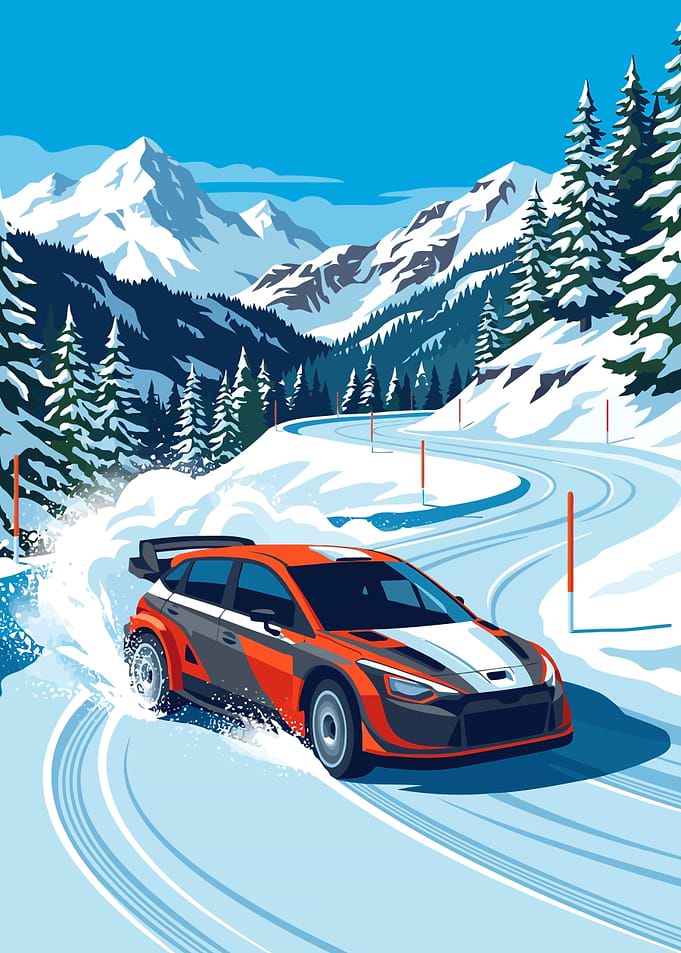 Rally Car Drifting on Snowy Road