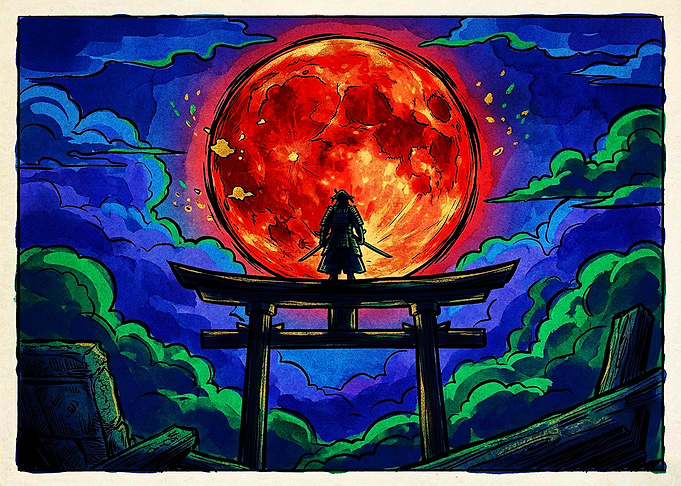 Samurai Standing Before Blood Moon
