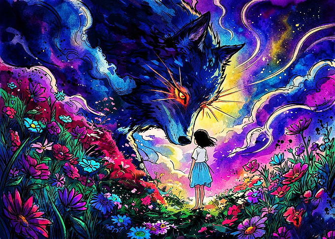 Girl Encountering Giant Cosmic Wolf