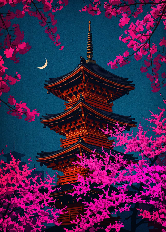Pagoda Under Night Cherry Blossoms