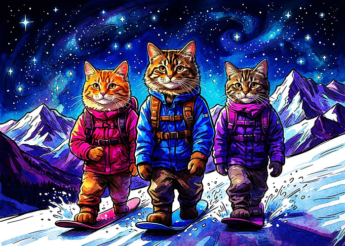 Cats Snowboarding Under Starry Night Sky