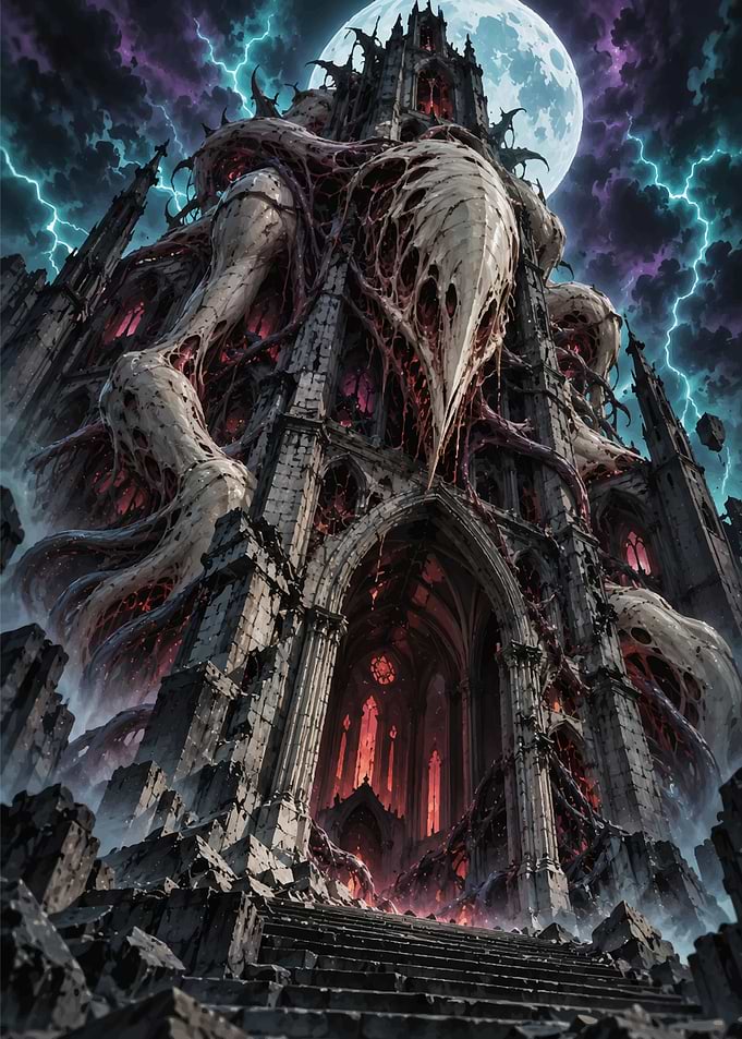 Eldritch Gothic Cathedral Under Stormy Sky