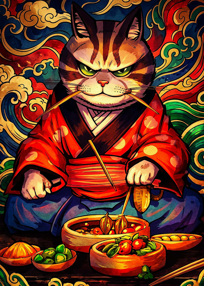 Samurai Cat Eating Traditional Food