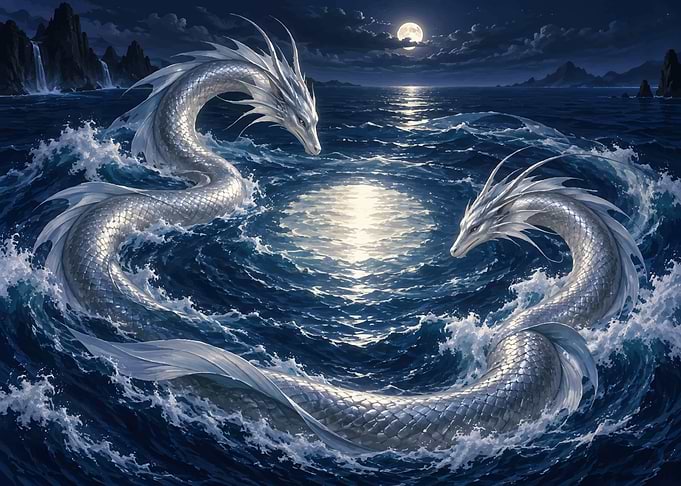 Two Silver Dragons in Moonlight Ocean