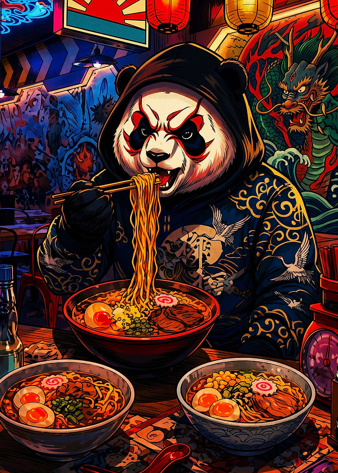Panda Eating Ramen in Cyberpunk Style