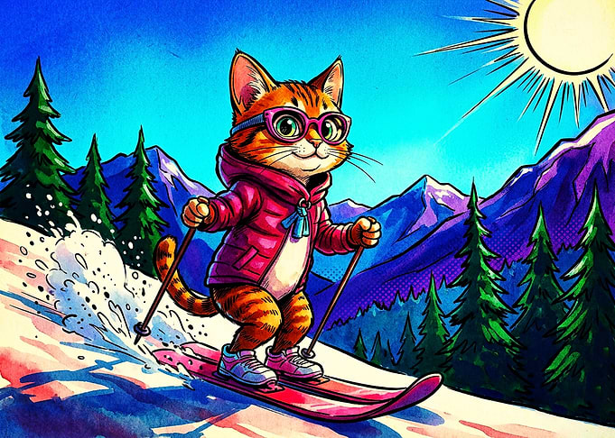 Cute Cat Skiing in Mountains