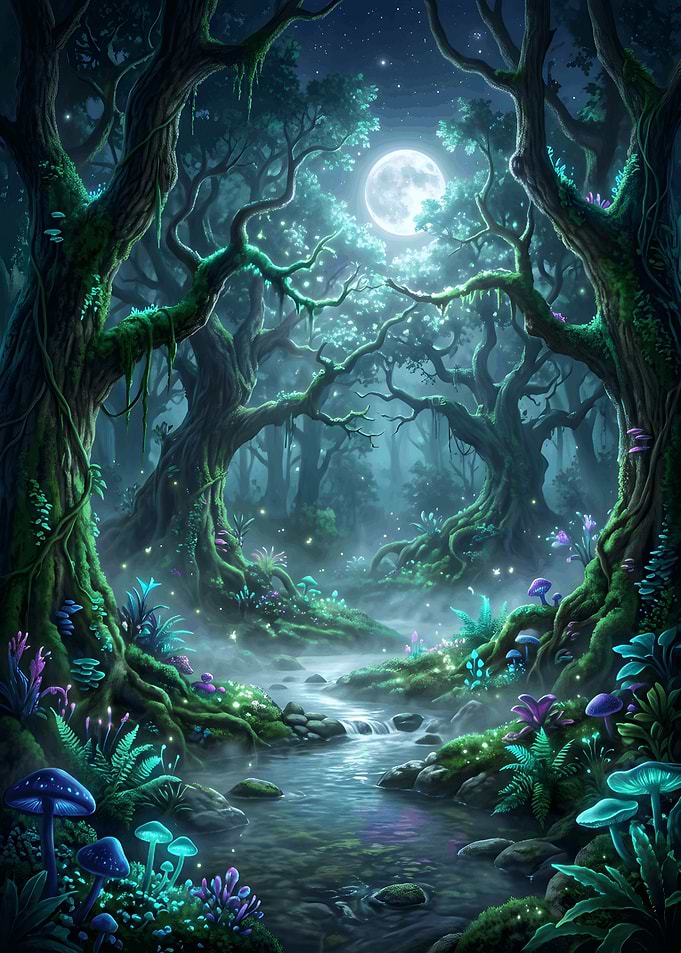 Enchanted Bioluminescent Forest Stream