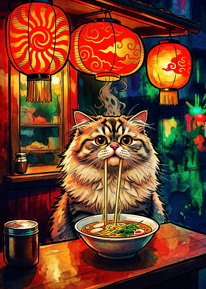 Fluffy Cat Eating Ramen at Night