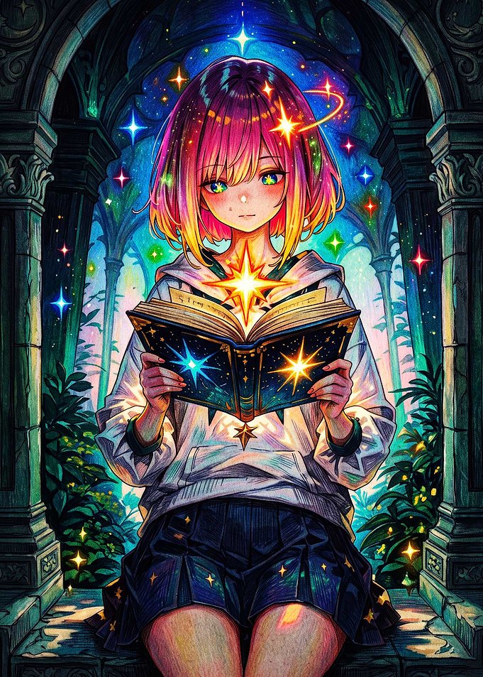 Anime Girl Reading Magical Star Book