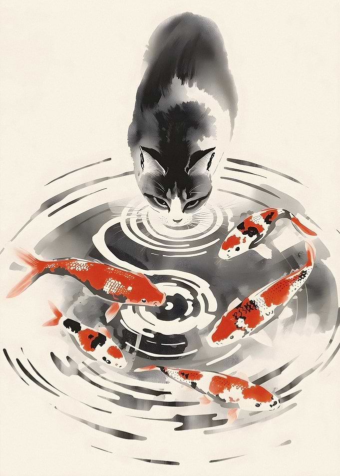 Cat Watching Koi Fish Pond