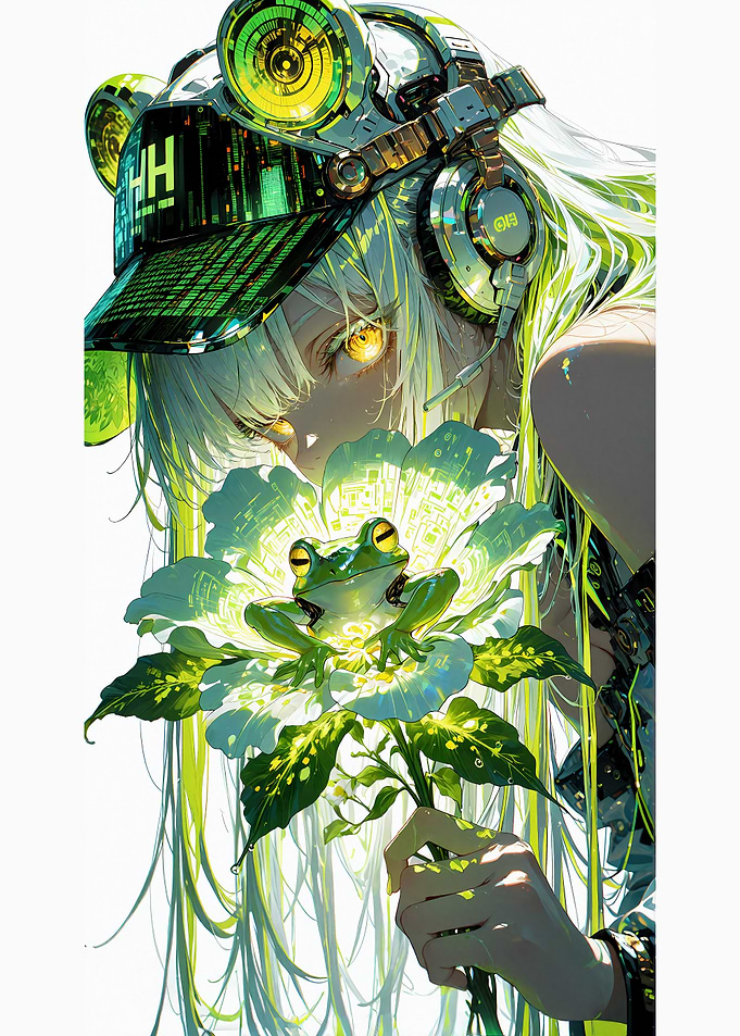 Cyberpunk Anime Girl with Glowing Frog
