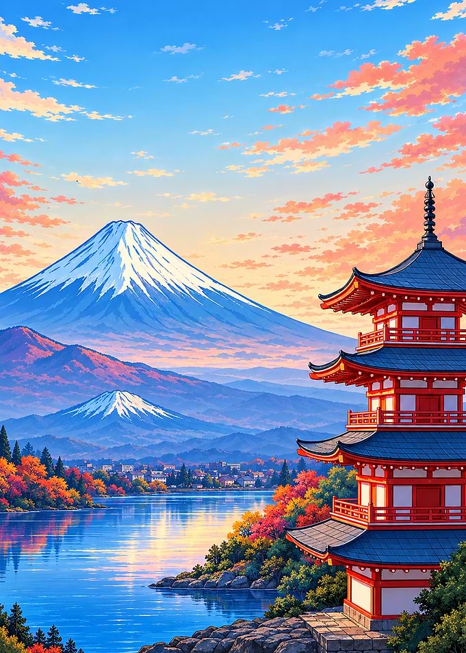 Mount Fuji and Pagoda at Sunset