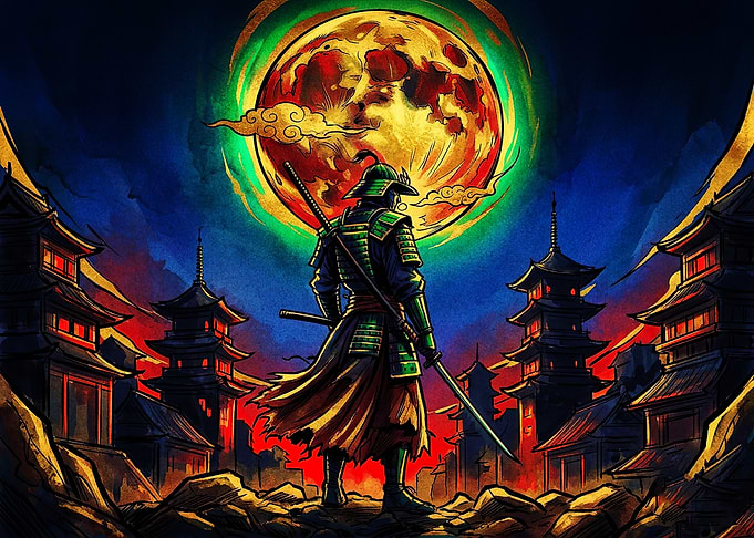Samurai Standing Before Red Moon