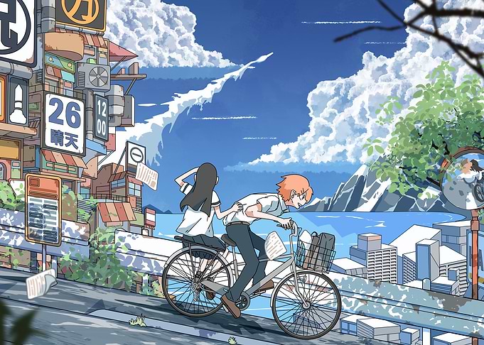 Anime Students Riding Bicycle Together