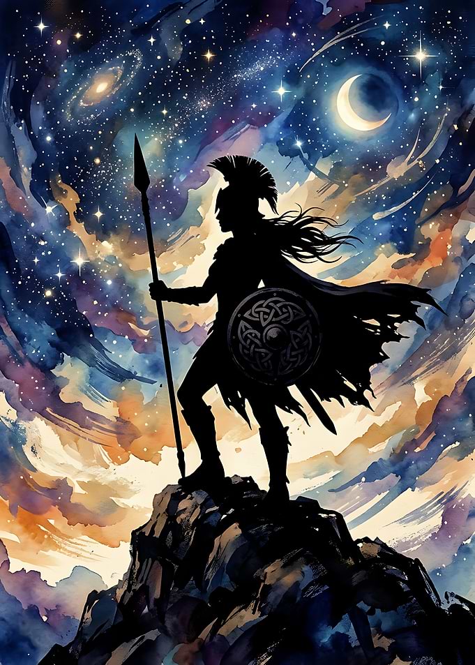 Warrior Silhouette Against Cosmic Sky