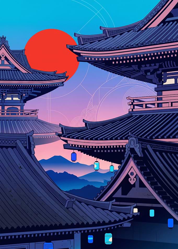 Traditional Japanese Temple at Sunset