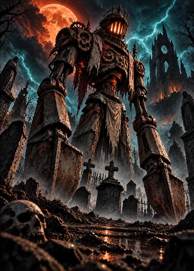 Giant Steampunk Knight in Graveyard