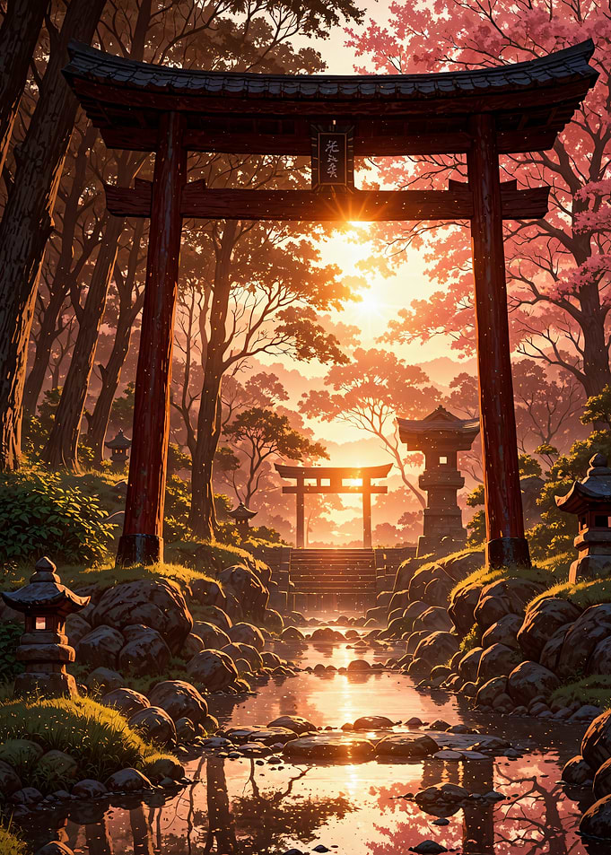 Serene Japanese Torii Gate at Sunset Landscpae