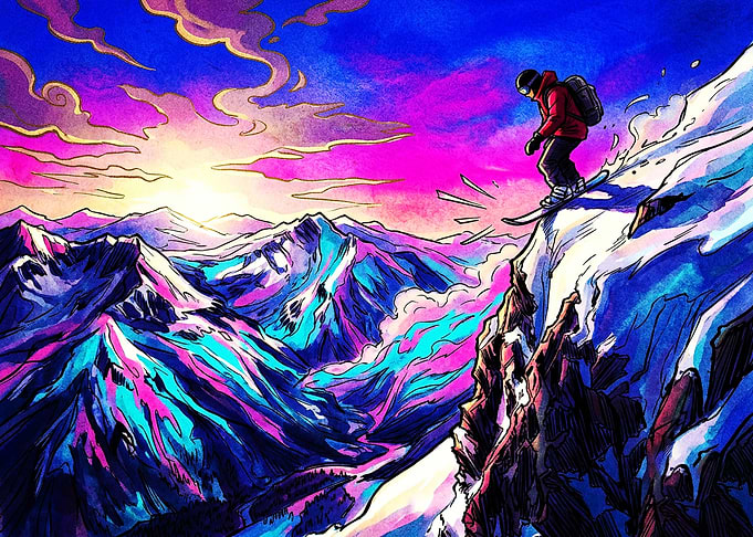 Vibrant Snowboarder Jumping Off Mountain Peak