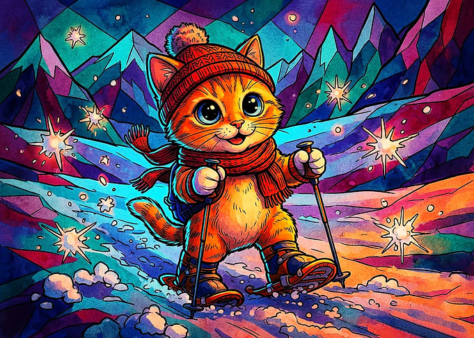 Cute Kitten Snowshoeing in Mountains