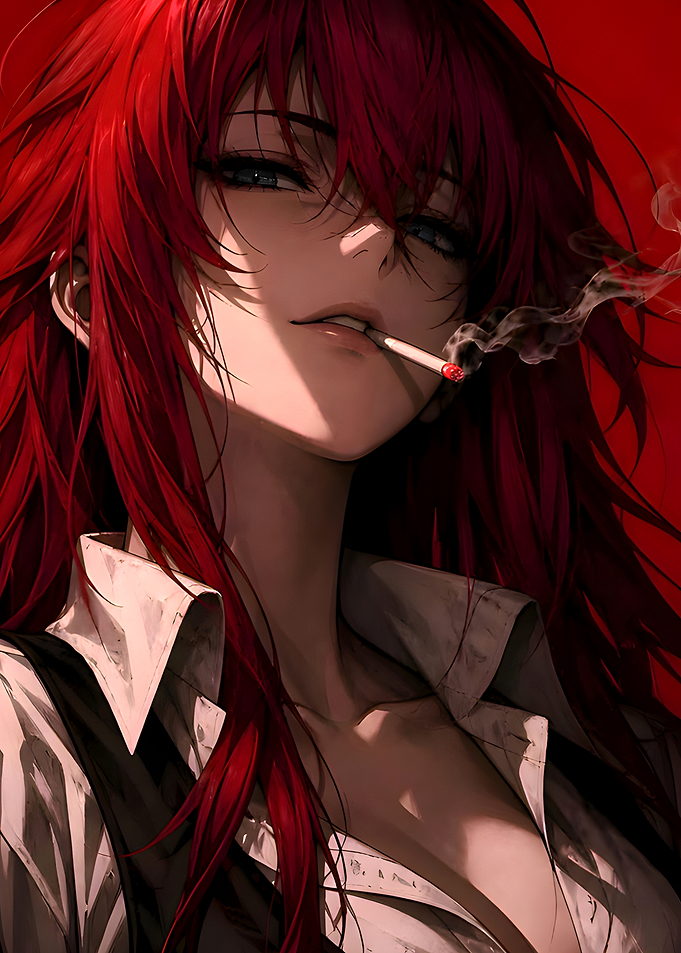 Anime Girl with Red Hair Smoking