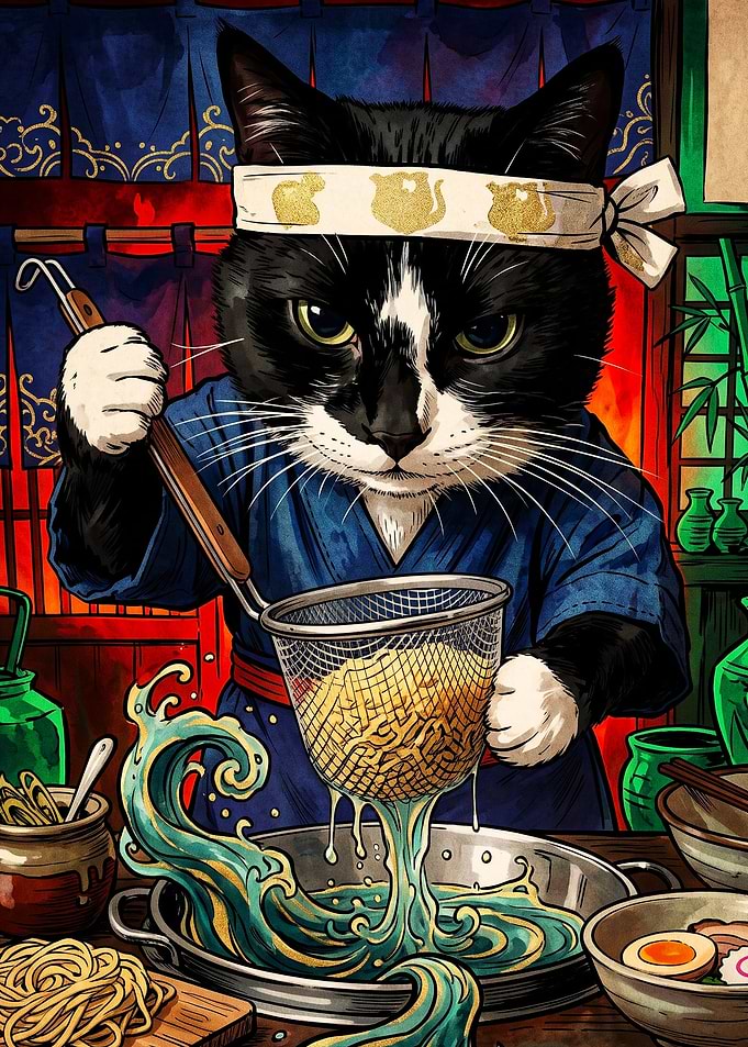 Cat Ramen Chef Cooking Noodles